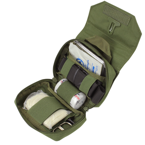 The Condor First Response Pouch - Scorpion OCP displays bandages, gauze, and medical supplies in organized compartments—perfect for Military or First Responder use.