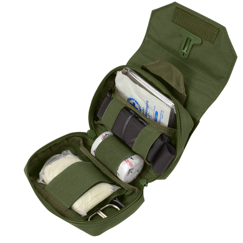 The Condor First Response Pouch is open, displaying bandages, gauze, and scissors organized inside with elastic straps.