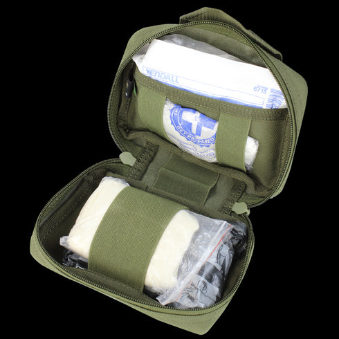 The Condor First Response Pouch - Scorpion OCP is shown open, revealing organized compartments with bandages and sealed medical supplies inside.