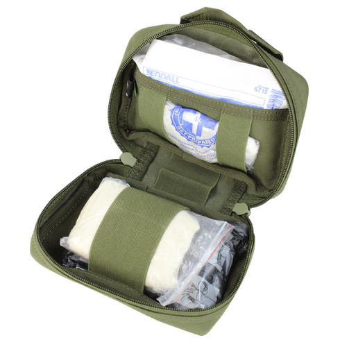 The Condor First Response Pouch - Scorpion OCP displays bandages, gauze, and medical supplies neatly organized in compartments.
