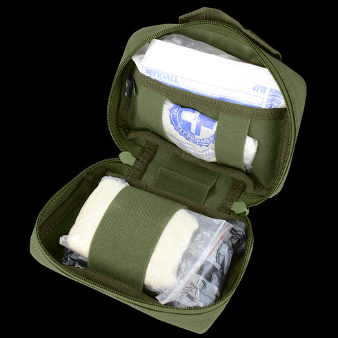 The Condor First Response Pouch is a green first aid kit featuring inner compartments with bandages, gauze, and sealed medical supplies.