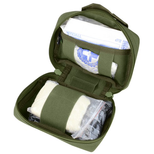 The Condor First Response Pouch is a green first aid kit featuring inner compartments with bandages, gauze, and sealed medical supplies.