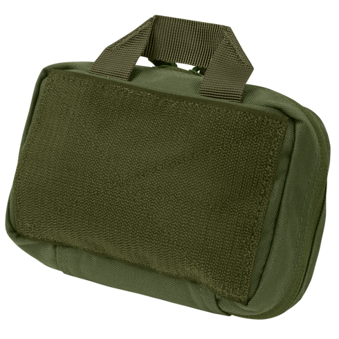 The Condor First Response Pouch is a compact olive green tactical pouch featuring a sturdy handle and a large front Velcro patch.