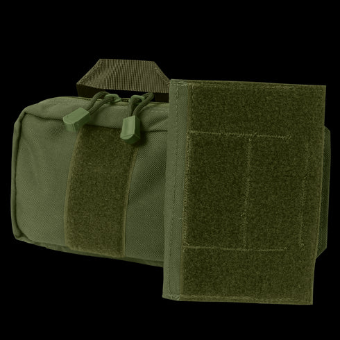 The Condor First Response Pouch in green features dual zipper pulls and a Velcro strap, displayed next to a matching Velcro-backed accessory panel.