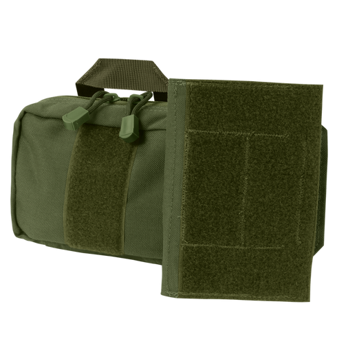 The Condor First Response Pouch is a green tactical pouch featuring a zipper, fabric handle, and an attached Velcro panel.