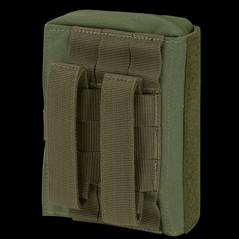 The Condor First Response Pouch is an olive green tactical pouch with two vertical straps and MOLLE webbing on the back, designed for easy attachment to gear or backpacks.