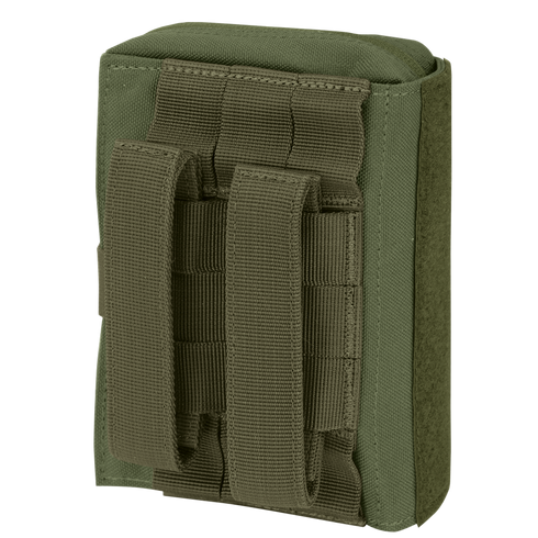 The Condor First Response Pouch is an olive green tactical pouch with two vertical straps and MOLLE webbing on the back, designed for easy attachment to gear or backpacks.