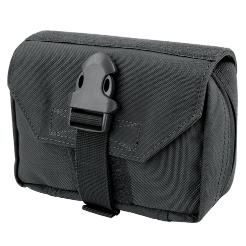 The Condor First Response Pouch is a black, rectangular nylon pouch with reinforced stitching, a plastic buckle flap, and MOLLE compatibility for secure attachment in emergency medical situations.