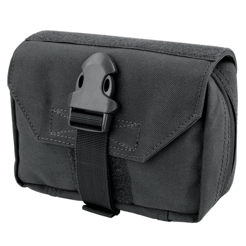 The Condor First Response Pouch is a black, rectangular nylon pouch with reinforced stitching, a plastic buckle flap, and MOLLE compatibility for secure attachment in emergency medical situations.