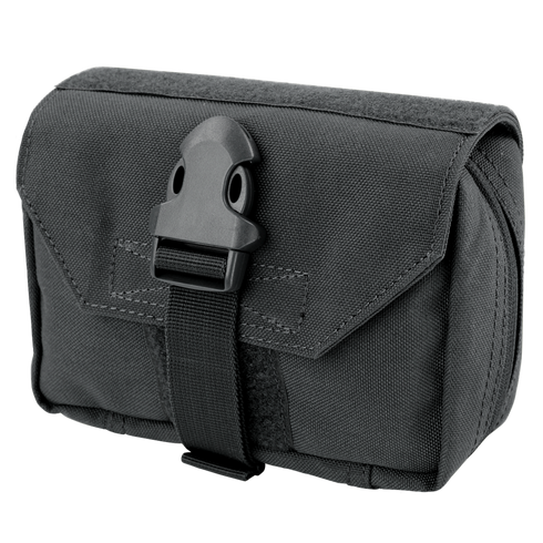 The Condor First Response Pouch is a black, rectangular nylon pouch with reinforced stitching, a plastic buckle flap, and MOLLE compatibility for secure attachment in emergency medical situations.
