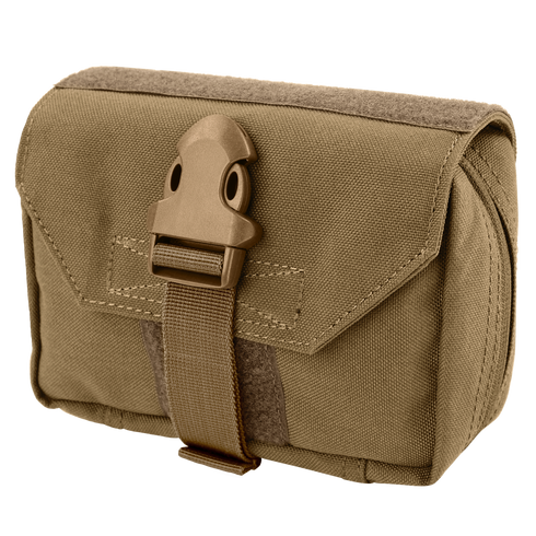 The Condor First Response Pouch in coyote brown features a flap with a plastic buckle and strap, is made of durable fabric, and offers MOLLE compatibility—perfect for attaching to gear and responding to emergencies.