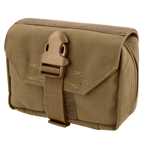 The Condor First Response Pouch in coyote brown features a flap with a plastic buckle and strap, is made of durable fabric, and offers MOLLE compatibility—perfect for attaching to gear and responding to emergencies.