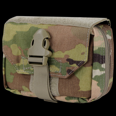 The Condor First Response Pouch in Scorpion OCP is a compact military pouch featuring a flap closure secured by a plastic buckle and strap.