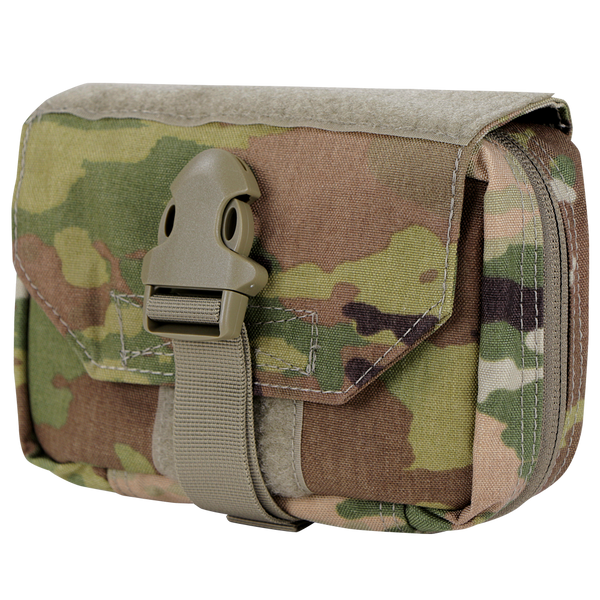 The Condor First Response Pouch in Scorpion OCP is a compact military pouch featuring a flap closure secured by a plastic buckle and strap.