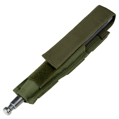 An olive drab Baton Pouch by Condor, made of nylon with a flap closure, holds a silver metal tool thats partially visible at one end.