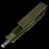 An olive drab Baton Pouch by Condor, made of nylon with a flap closure, holds a silver metal tool thats partially visible at one end.