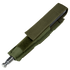 An olive drab Baton Pouch by Condor, made of nylon with a flap closure, holds a silver metal tool thats partially visible at one end.