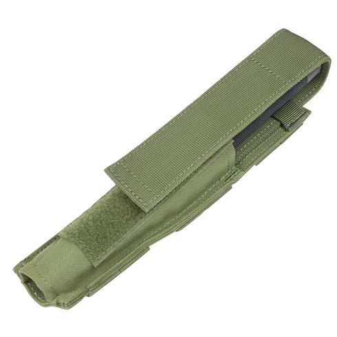The Condor Baton Pouch is an olive green nylon tactical pouch with a hook-and-loop flap closure, ideal for carrying tools or accessories.