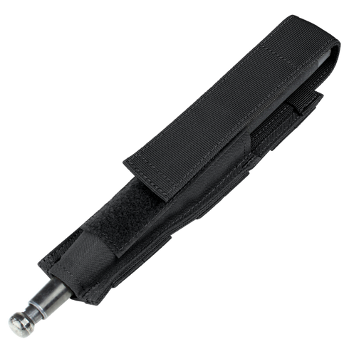 The Condor Baton Pouch in black is a nylon holster with Velcro flap, MOLLE compatible for law enforcement use, and fits a small metal flashlight or tool; shown on a white background.