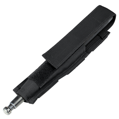 The Condor Baton Pouch in black is a nylon holster with Velcro flap, MOLLE compatible for law enforcement use, and fits a small metal flashlight or tool; shown on a white background.