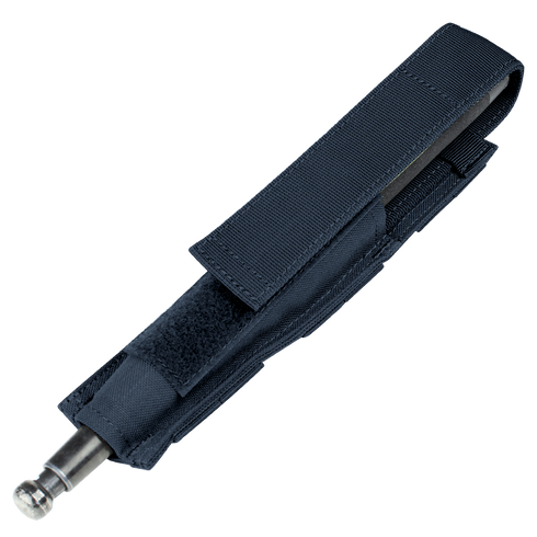 The Condor Baton Pouch in navy features a metal clip and a partially open design that displays the flashlight inside; its MOLLE compatibility makes it perfect for law enforcement professionals.