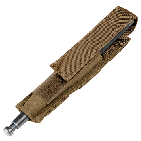 The Condor Baton Pouch in Coyote Brown features a fabric sheath with flap cover, MOLLE compatibility for versatile law enforcement carry, and is designed to hold an expandable baton.