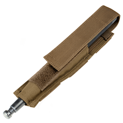 The Condor Baton Pouch in Coyote Brown features a fabric sheath with flap cover, MOLLE compatibility for versatile law enforcement carry, and is designed to hold an expandable baton.