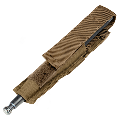 The Condor Baton Pouch in Coyote Brown features a fabric sheath with flap cover, MOLLE compatibility for versatile law enforcement carry, and is designed to hold an expandable baton.