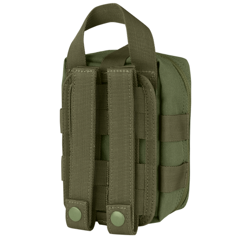 The Condor Rip-Away EMT Pouch Lite in olive green features durable fabric, a top carrying handle, and two snap-button straps on the back for secure attachment.