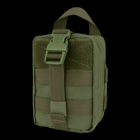 The Condor EMT Leg Rig is an olive green tactical pouch featuring a buckle strap, front MOLLE webbing, and a top carrying handle.