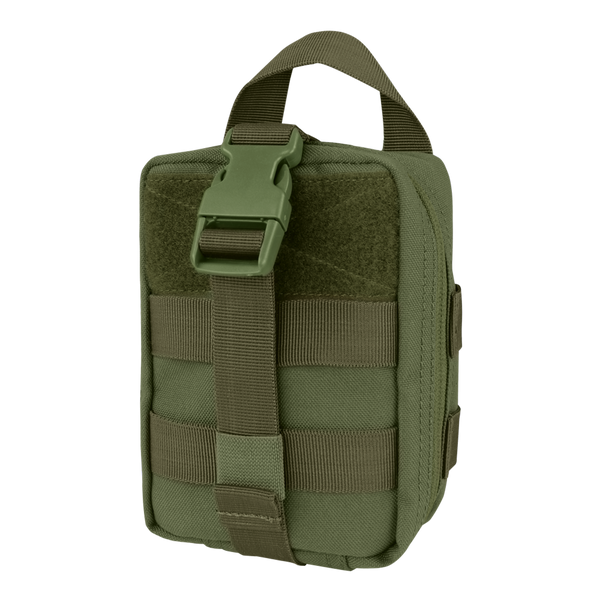 The Condor Rip-Away EMT Pouch Lite in Olive Drab features MOLLE webbing, a front strap with buckle, and a top carrying handle. This rectangular pouch is made of durable fabric for tactical use.