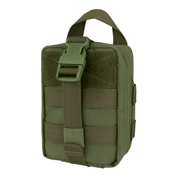 The Condor Rip-Away EMT Pouch Lite in Olive Drab features MOLLE webbing, a front strap with buckle, and a top carrying handle. This rectangular pouch is made of durable fabric for tactical use.