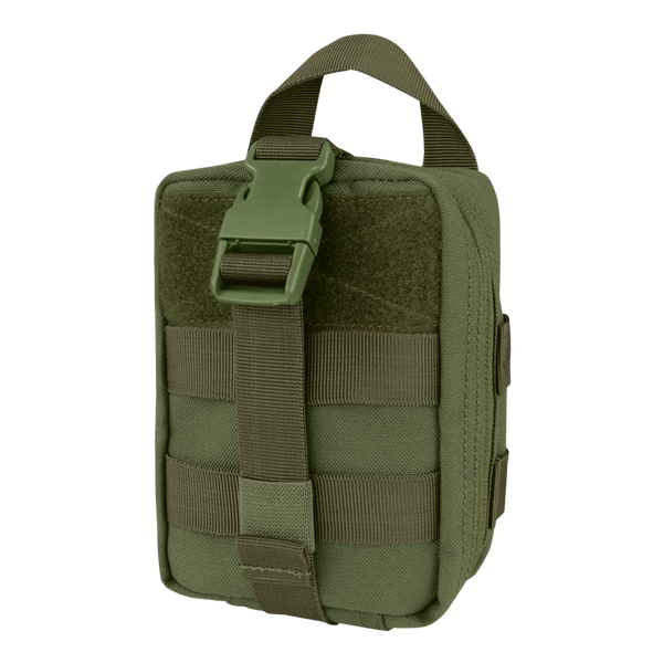 The Condor Rip-Away EMT Pouch Lite in Olive Drab features MOLLE webbing, a front strap with buckle, and a top carrying handle. This rectangular pouch is made of durable fabric for tactical use.