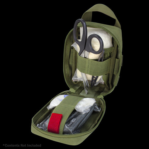 The Condor Rip-Away EMT Pouch Lite in MultiCam Black includes scissors, bandages, and medical supplies organized in compartments—ideal for first responders or law enforcement.