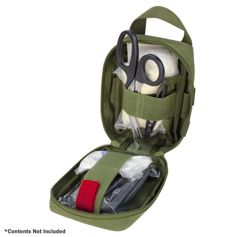 The Condor Rip-Away EMT Pouch Lite in MultiCam Black includes scissors, bandages, and medical supplies organized in compartments—ideal for first responders or law enforcement.