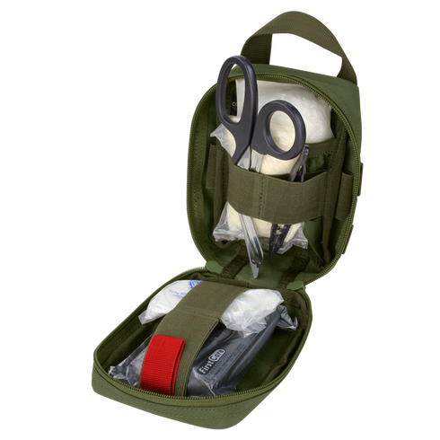A Condor Rip-Away EMT Pouch Lite in Scorpion OCP, open to reveal trauma shears, bandages, gloves, and other medical supplies neatly organized inside.