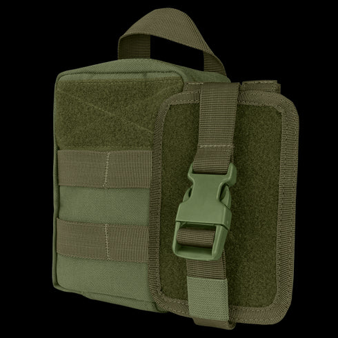 The Condor EMT Leg Rig is an olive green tactical pouch with a handle, front buckle strap, and MOLLE webbing, designed for organizing gear and attaching to backpacks or vests.