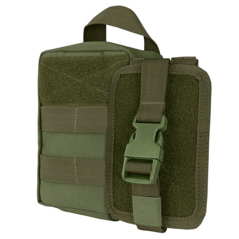 The Condor EMT Leg Rig is an olive green tactical pouch with a handle, front buckle strap, and MOLLE webbing, designed for organizing gear and attaching to backpacks or vests.