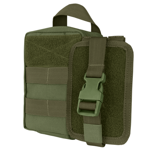 The Condor EMT Leg Rig is an olive green tactical pouch with a handle, front buckle strap, and MOLLE webbing, designed for organizing gear and attaching to backpacks or vests.