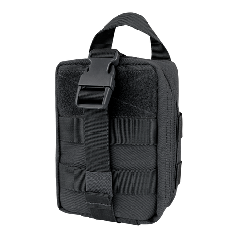 The Condor Rip-Away EMT Pouch Lite is a compact black pouch with a buckle closure, front MOLLE webbing, and top handle—perfect for military or bushcraft applications.