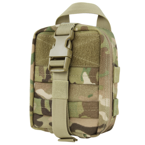 The Condor Rip-Away EMT Pouch Lite in MultiCam is a compact tactical pouch with zipper, buckle closure, webbing, and a top handle, ideal for outdoor or military use.