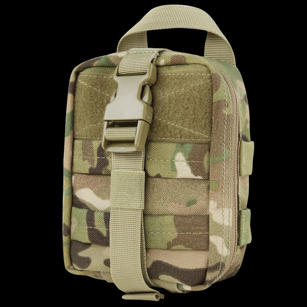 The Condor Rip-Away EMT Pouch Lite in MultiCam is a compact tactical pouch with zipper, buckle closure, webbing, and a top handle, ideal for outdoor or military use.