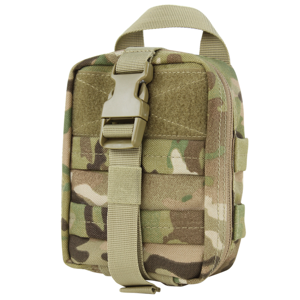 The Condor Rip-Away EMT Pouch Lite in MultiCam is a compact tactical pouch with zipper, buckle closure, webbing, and a top handle, ideal for outdoor or military use.