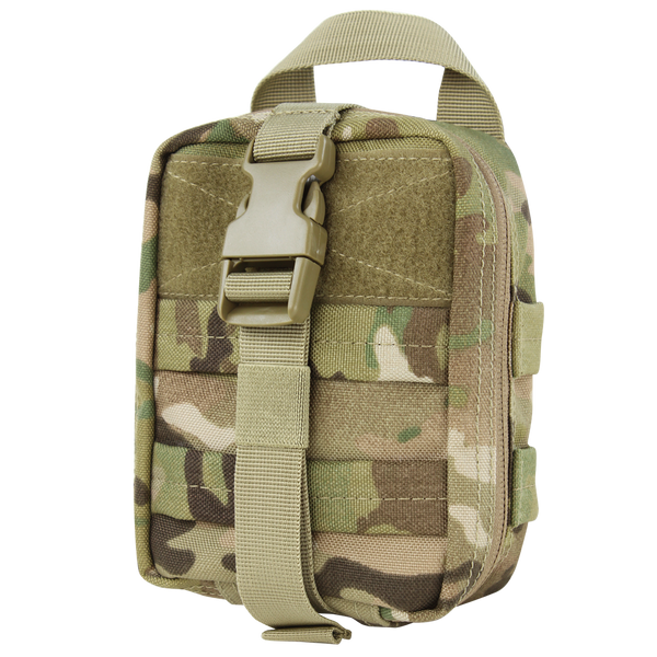 The Condor Rip-Away EMT Pouch Lite in MultiCam is a compact tactical pouch with zipper, buckle closure, webbing, and a top handle, ideal for outdoor or military use.