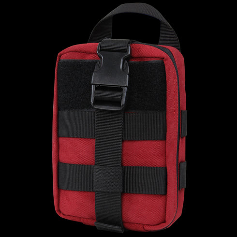 The Condor Rip-Away EMT Pouch Lite is a compact red pouch with a black handle, buckle, and front webbing straps—perfect for military or first responders.