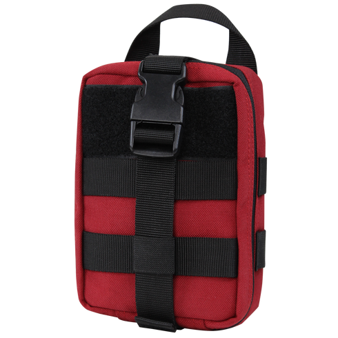 The Condor Rip-Away EMT Pouch Lite is a compact red pouch with a black handle, buckle, and front webbing straps—perfect for military or first responders.