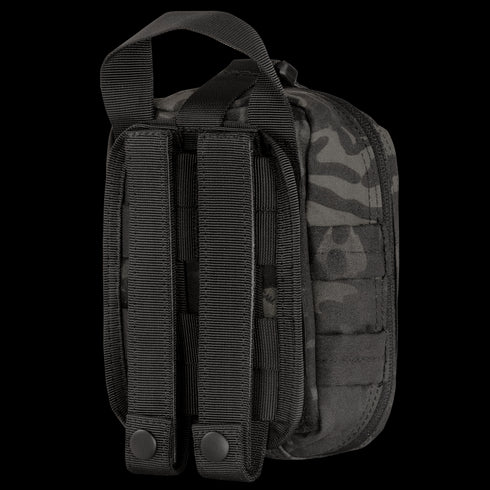 The Condor Rip-Away EMT Pouch Lite in MultiCam Black stands upright, featuring MOLLE straps, a top handle, and two snap-button straps visible on the back.