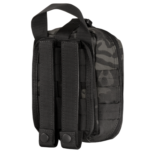 The Condor Rip-Away EMT Pouch Lite in MultiCam Black stands upright, featuring MOLLE straps, a top handle, and two snap-button straps visible on the back.