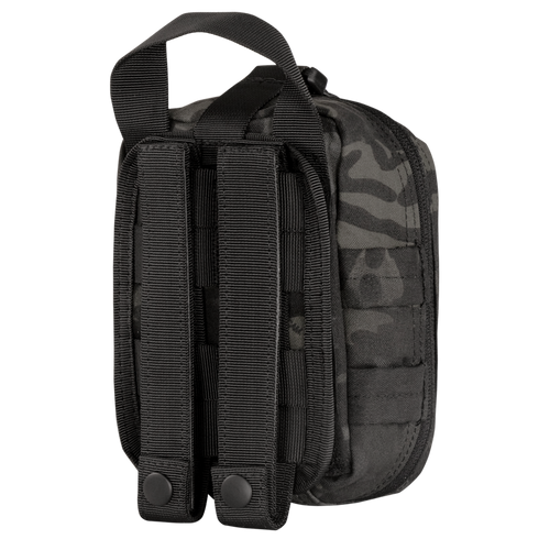 The Condor Rip-Away EMT Pouch Lite in MultiCam Black stands upright, featuring MOLLE straps, a top handle, and two snap-button straps visible on the back.