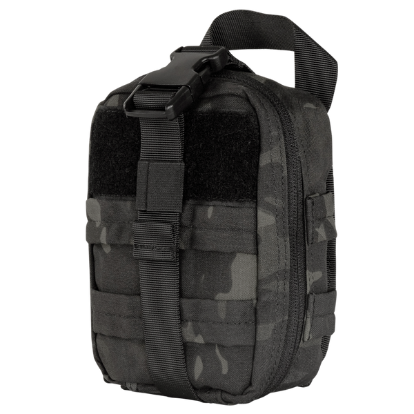 The Condor Rip-Away EMT Pouch Lite in MultiCam Black is a compact tactical pouch with a zipper, adjustable buckle strap, and handle, designed for carrying small gear or supplies.